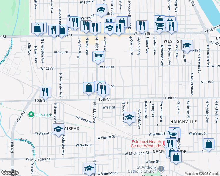 map of restaurants, bars, coffee shops, grocery stores, and more near 1024 Mitchell Street in Indianapolis