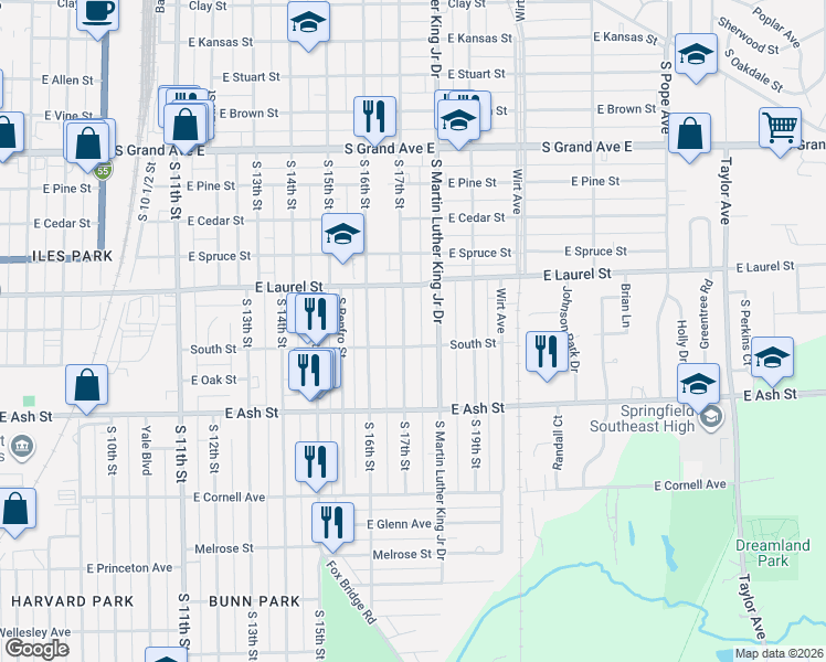 map of restaurants, bars, coffee shops, grocery stores, and more near 1801-1899 S 17th St in Springfield