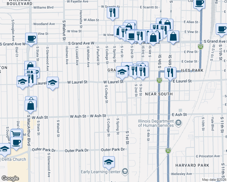 map of restaurants, bars, coffee shops, grocery stores, and more near 1801 South Spring Street in Springfield