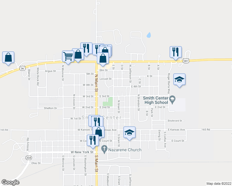 map of restaurants, bars, coffee shops, grocery stores, and more near 300-328 East 3rd Street in Smith Center