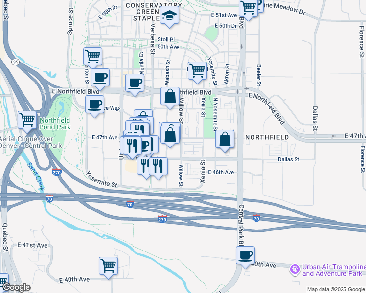 map of restaurants, bars, coffee shops, grocery stores, and more near 4670 Willow Street in Denver