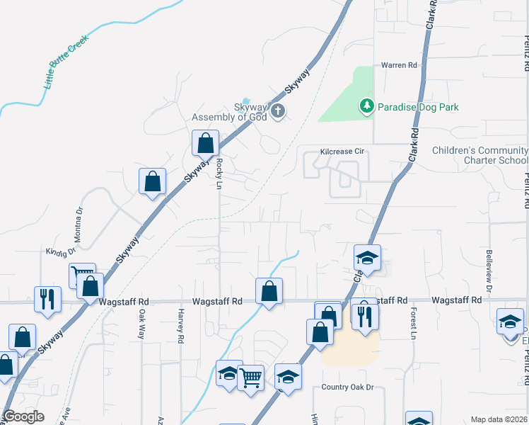 map of restaurants, bars, coffee shops, grocery stores, and more near 6520 Daphne Lane in Paradise