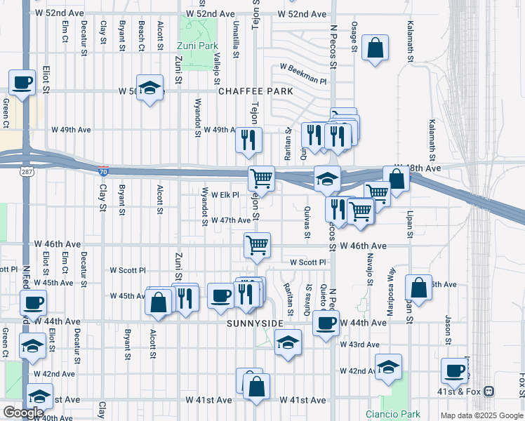 map of restaurants, bars, coffee shops, grocery stores, and more near 1935 West 47th Avenue in Denver