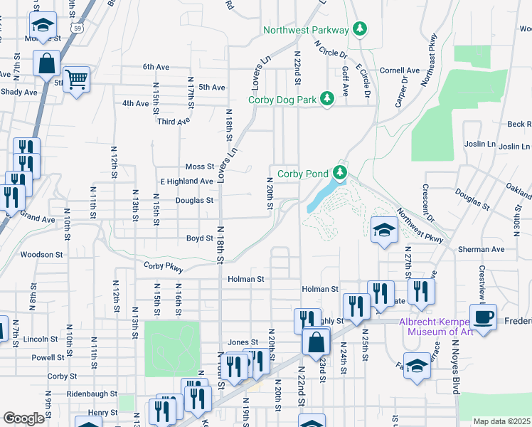 map of restaurants, bars, coffee shops, grocery stores, and more near 1604 North 20th Street in Saint Joseph