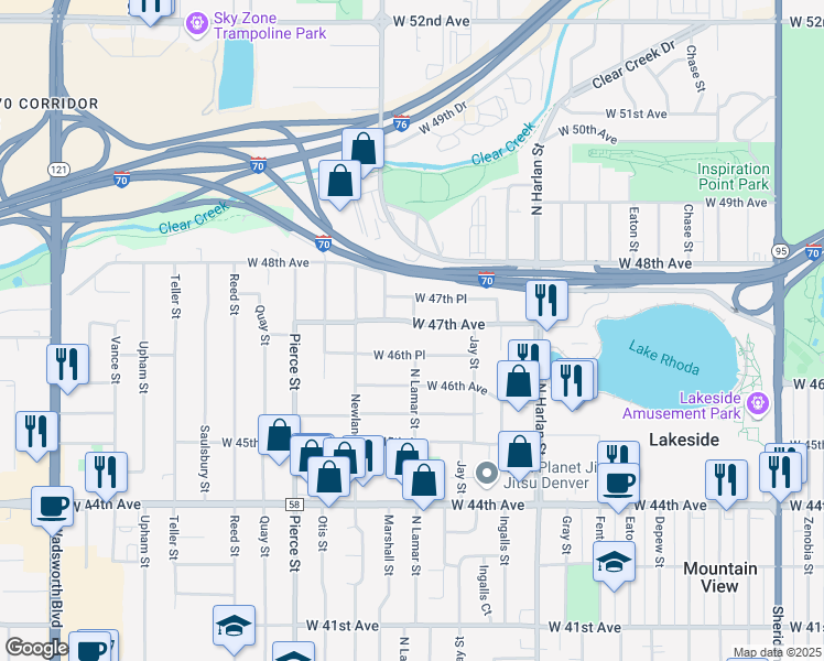 map of restaurants, bars, coffee shops, grocery stores, and more near 6400 West 47th Avenue in Wheat Ridge