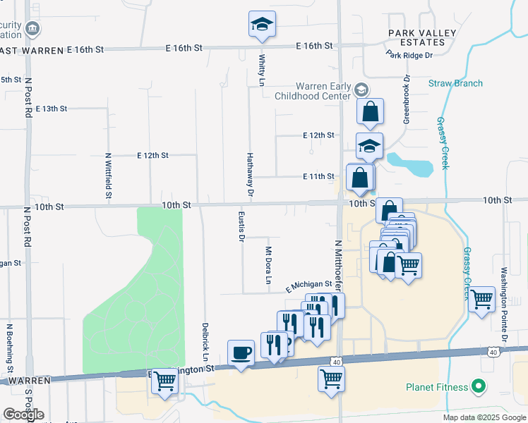 map of restaurants, bars, coffee shops, grocery stores, and more near 9627 East 10th Street in Indianapolis