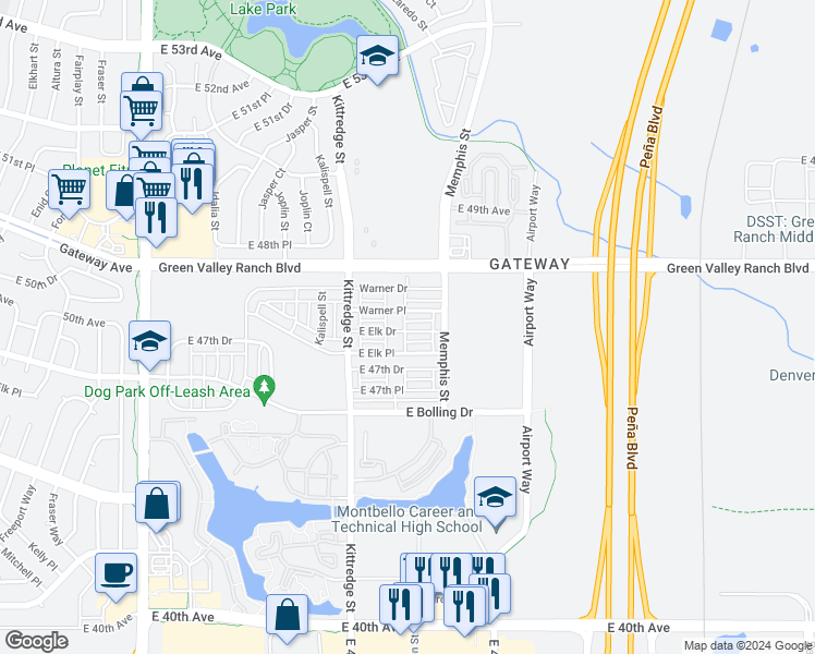 map of restaurants, bars, coffee shops, grocery stores, and more near 16149 East Elk Drive in Denver
