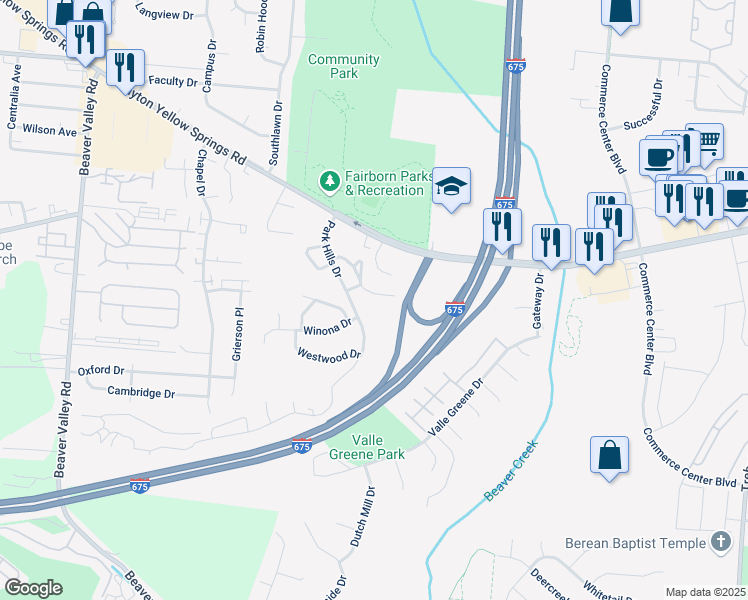 map of restaurants, bars, coffee shops, grocery stores, and more near 718 Hidden Valley Court in Fairborn