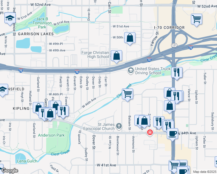 map of restaurants, bars, coffee shops, grocery stores, and more near 4705 Carr Street in Wheat Ridge