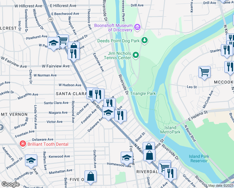 map of restaurants, bars, coffee shops, grocery stores, and more near 142 Ridge Avenue in Dayton