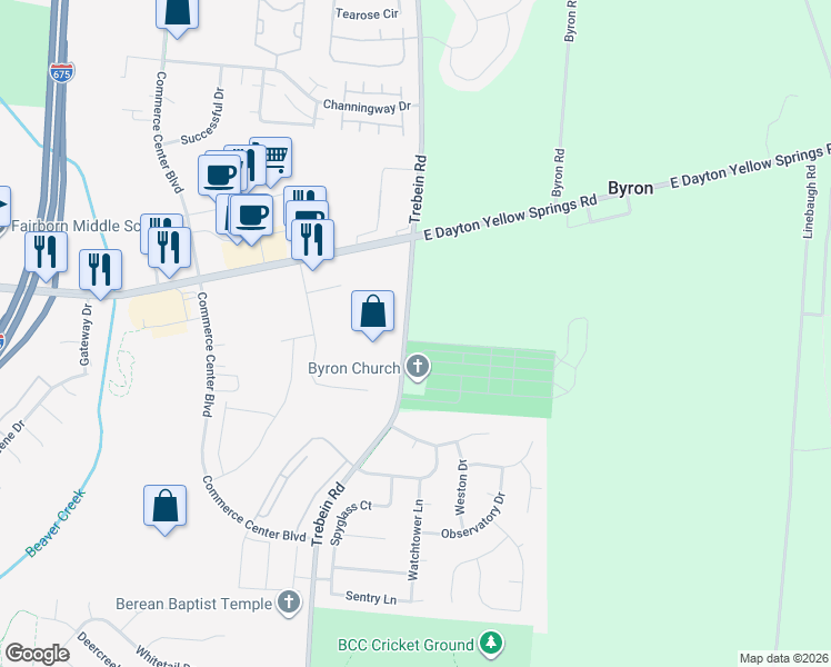 map of restaurants, bars, coffee shops, grocery stores, and more near 1340 East Dayton-Yellow Springs Road in Fairborn