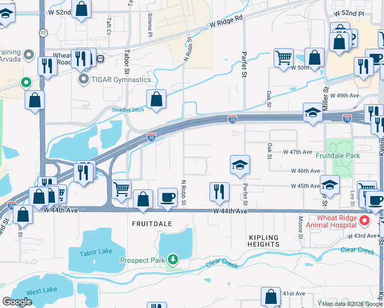 map of restaurants, bars, coffee shops, grocery stores, and more near 11345 West 46th Place in Wheat Ridge