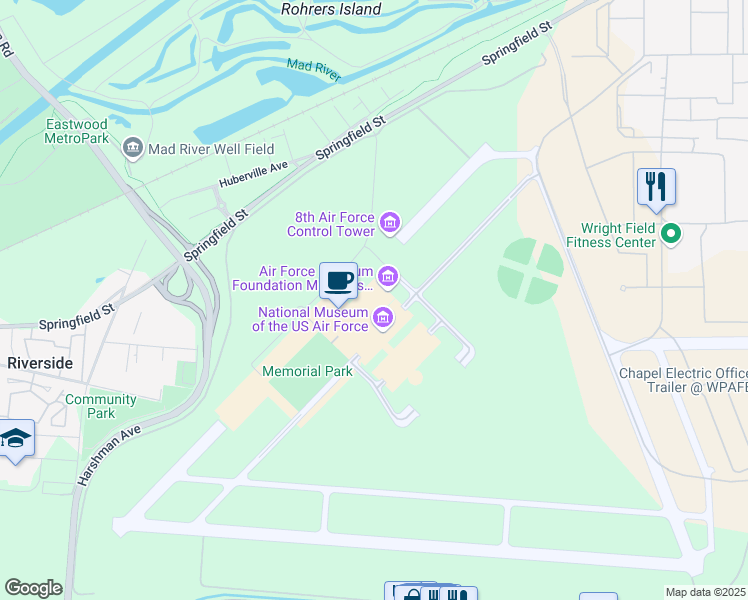 map of restaurants, bars, coffee shops, grocery stores, and more near 1100 Spaatz Street in Wright-Patterson Air Force Base