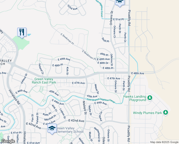 map of restaurants, bars, coffee shops, grocery stores, and more near 21064 East 49th Avenue in Denver