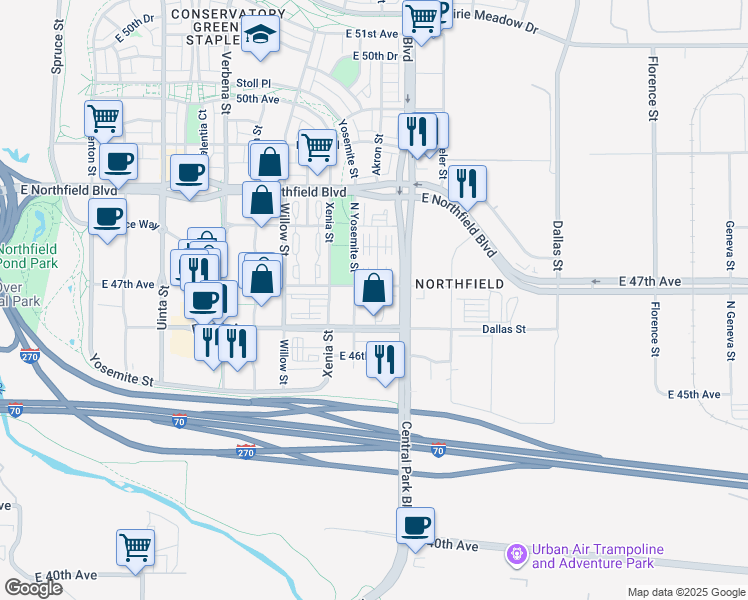 map of restaurants, bars, coffee shops, grocery stores, and more near 9200 Northfield Boulevard in Denver