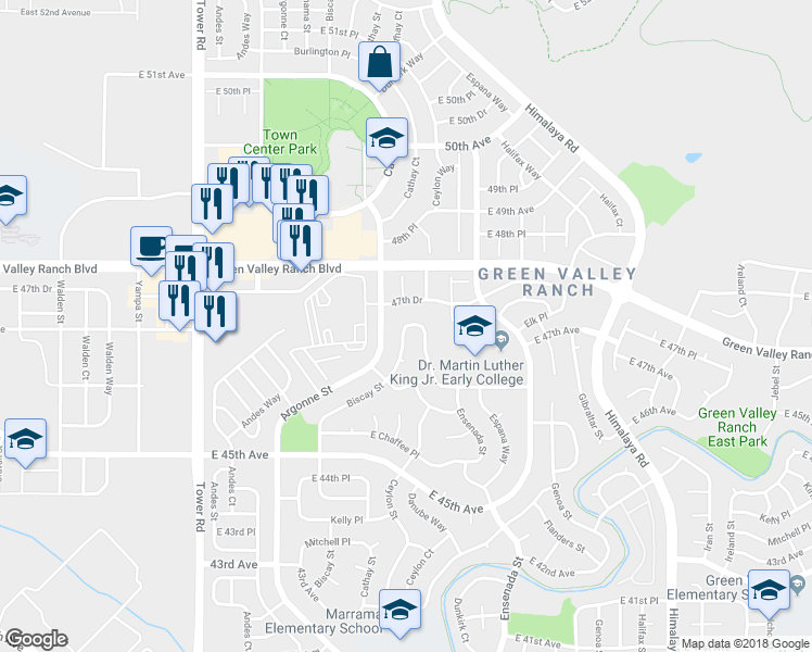 map of restaurants, bars, coffee shops, grocery stores, and more near 17748 East 47th Avenue in Denver