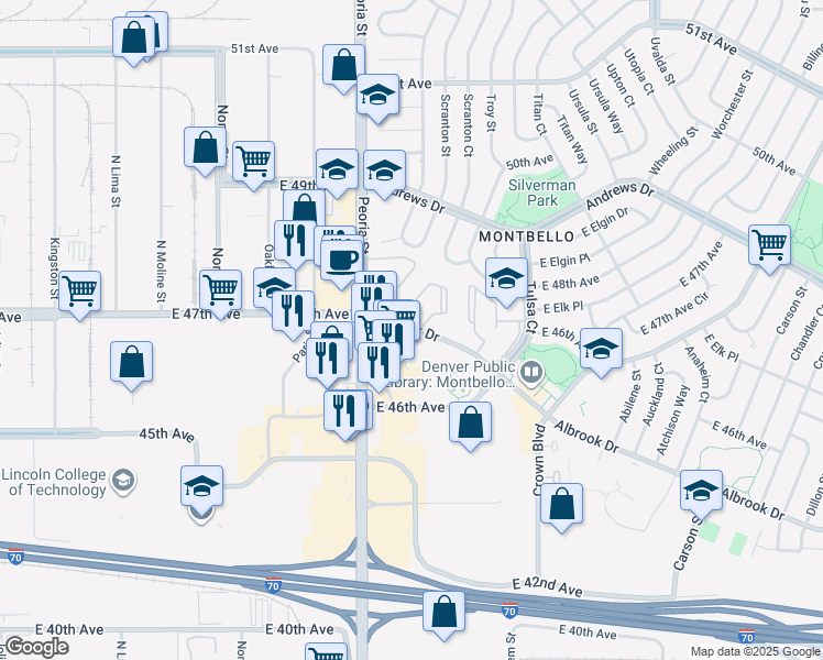 map of restaurants, bars, coffee shops, grocery stores, and more near 4660 Peoria Street in Denver