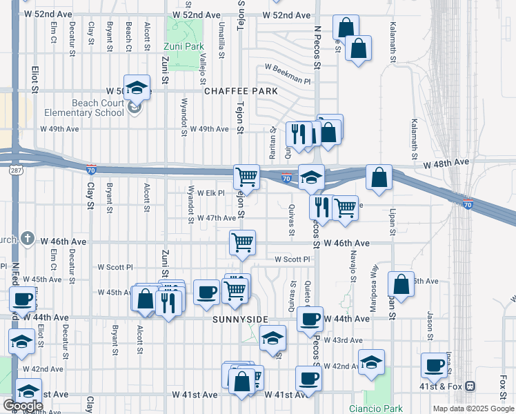 map of restaurants, bars, coffee shops, grocery stores, and more near 1935 West 47th Avenue in Denver