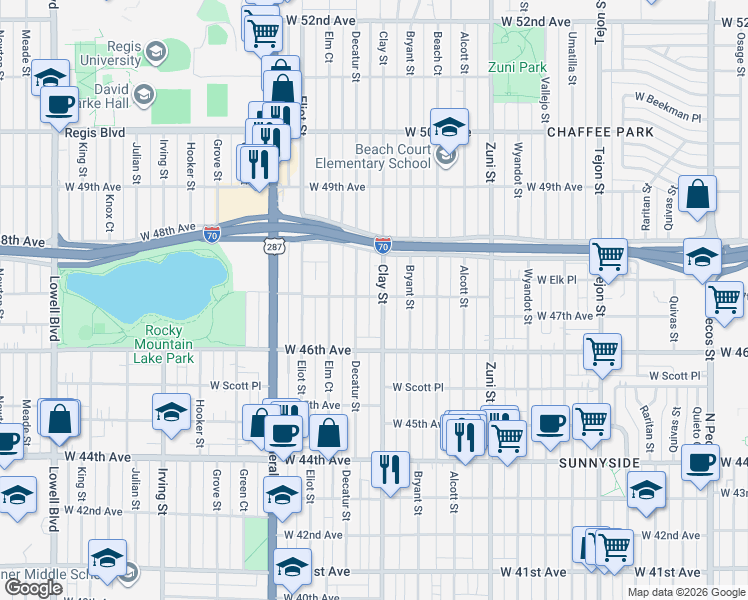 map of restaurants, bars, coffee shops, grocery stores, and more near 4675 Clay Street in Denver
