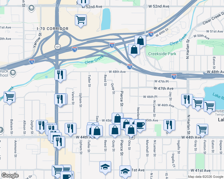 map of restaurants, bars, coffee shops, grocery stores, and more near 4655 Quay Street in Wheat Ridge
