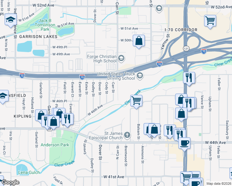 map of restaurants, bars, coffee shops, grocery stores, and more near 4705 Carr Street in Wheat Ridge