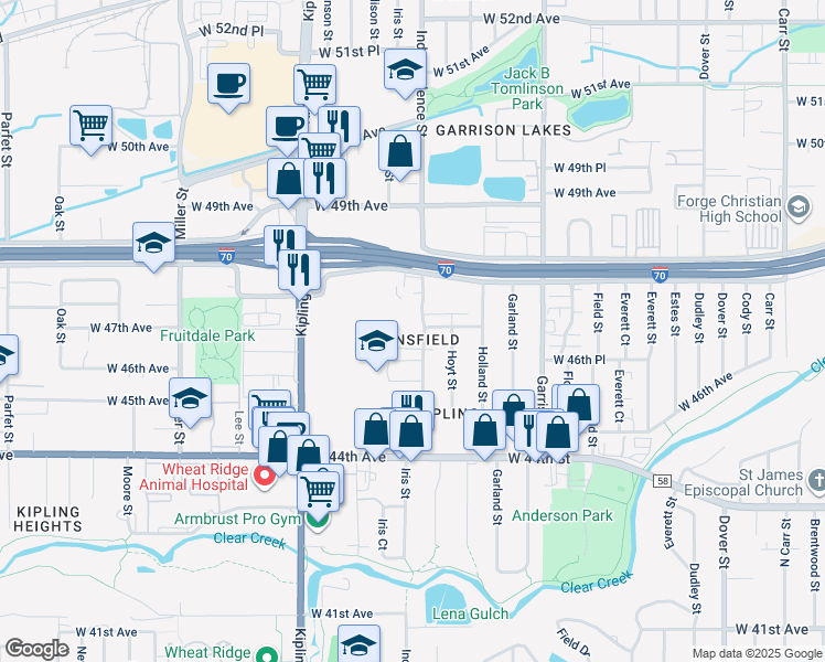 map of restaurants, bars, coffee shops, grocery stores, and more near in Wheat Ridge