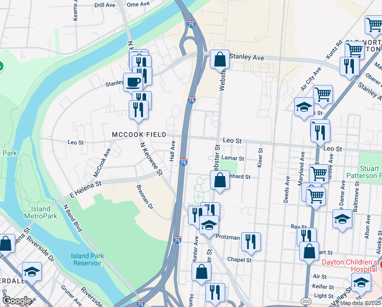 map of restaurants, bars, coffee shops, grocery stores, and more near 620 Hillrose Avenue in Dayton