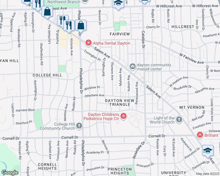 map of restaurants, bars, coffee shops, grocery stores, and more near 1810 Burroughs Drive in Dayton