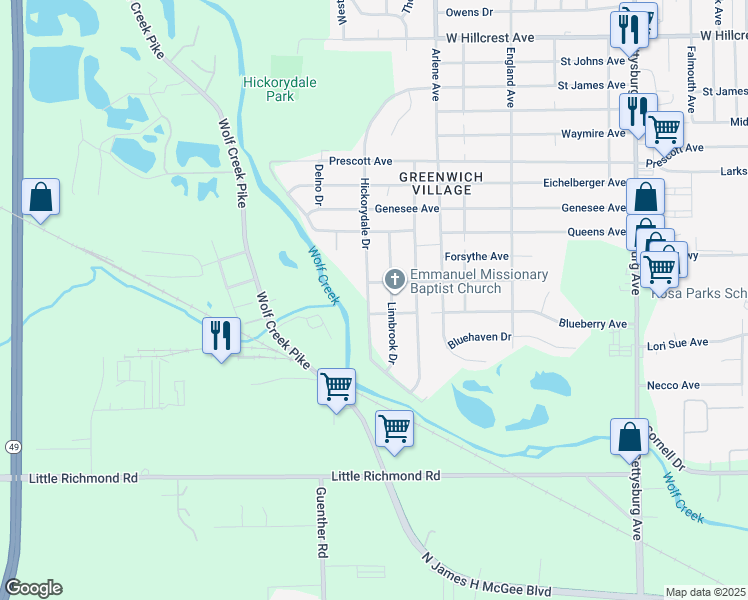 map of restaurants, bars, coffee shops, grocery stores, and more near 1704 Hickorydale Drive in Dayton