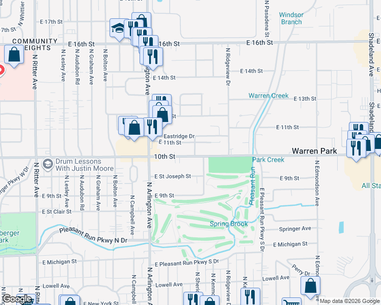 map of restaurants, bars, coffee shops, grocery stores, and more near 6115 East 10th Street in Indianapolis