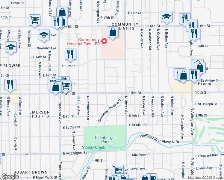 map of restaurants, bars, coffee shops, grocery stores, and more near 5415 East 10th Street in Indianapolis