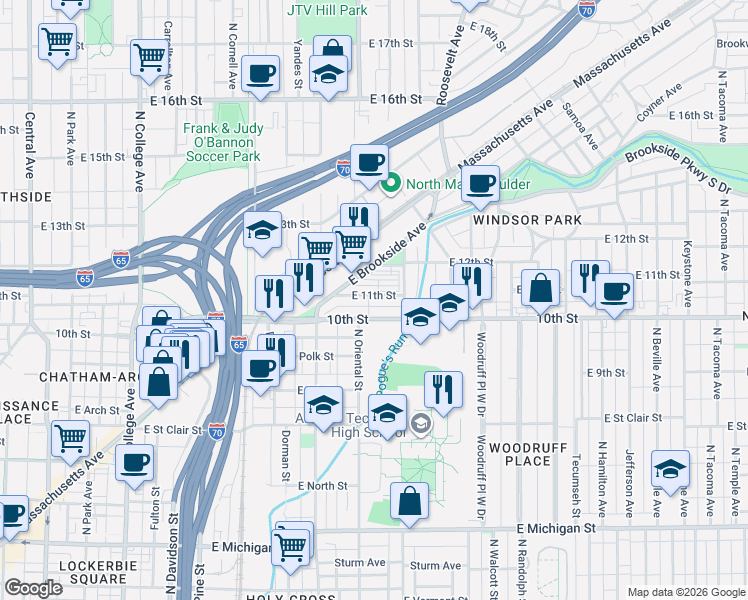 map of restaurants, bars, coffee shops, grocery stores, and more near 1426 East 10th Street in Indianapolis