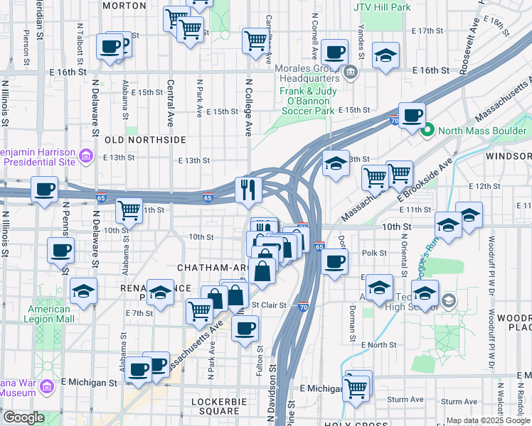 map of restaurants, bars, coffee shops, grocery stores, and more near 1029 Carrollton Avenue in Indianapolis