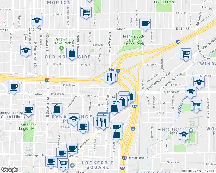 map of restaurants, bars, coffee shops, grocery stores, and more near 1030 North College Avenue in Indianapolis