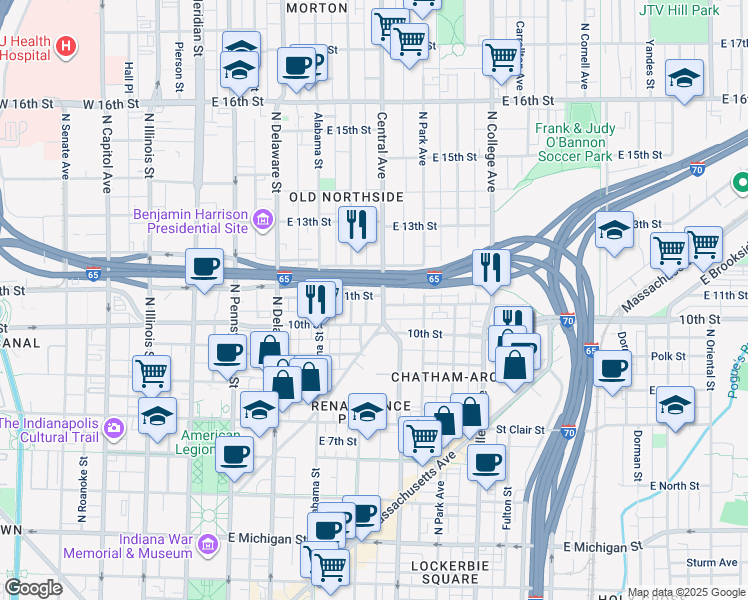 map of restaurants, bars, coffee shops, grocery stores, and more near 1019 11th Street in Indianapolis