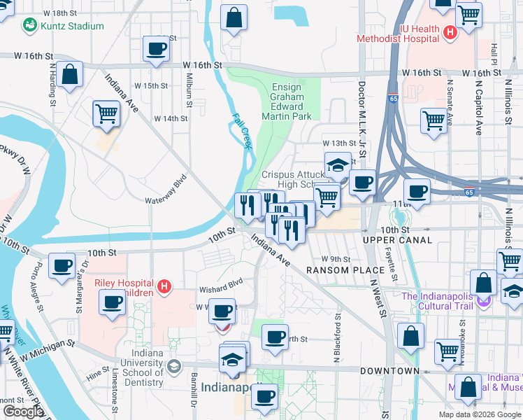 map of restaurants, bars, coffee shops, grocery stores, and more near 940 West 10th Street in Indianapolis