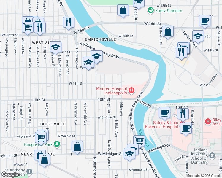 map of restaurants, bars, coffee shops, grocery stores, and more near 1026 North Elder Avenue in Indianapolis