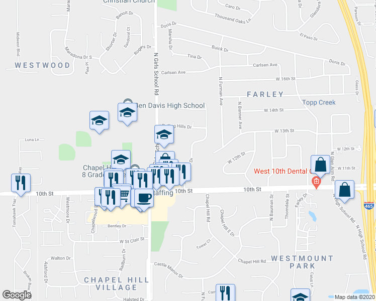 map of restaurants, bars, coffee shops, grocery stores, and more near 1136 Topp Creek Drive in Indianapolis