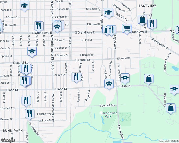 map of restaurants, bars, coffee shops, grocery stores, and more near 2200 Joyce Lane in Springfield