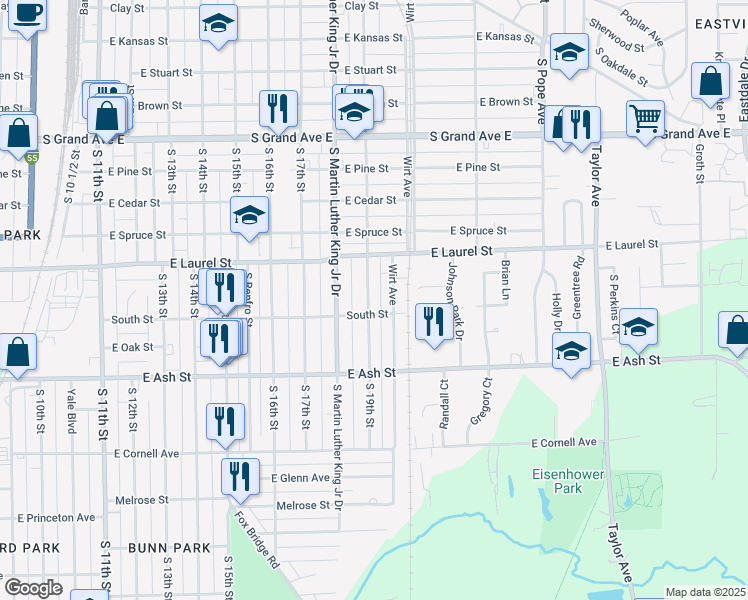 map of restaurants, bars, coffee shops, grocery stores, and more near 1856 South 19th Street in Springfield