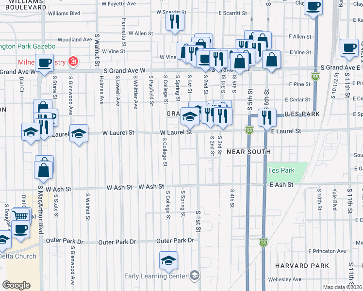 map of restaurants, bars, coffee shops, grocery stores, and more near 1801 South Spring Street in Springfield