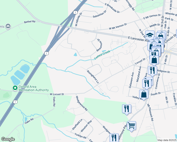 map of restaurants, bars, coffee shops, grocery stores, and more near 733 Risinghurst Lane in Oxford