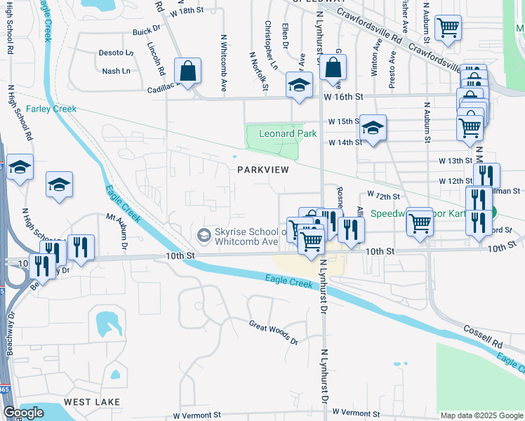 map of restaurants, bars, coffee shops, grocery stores, and more near 1130 North Norfolk Street in Indianapolis