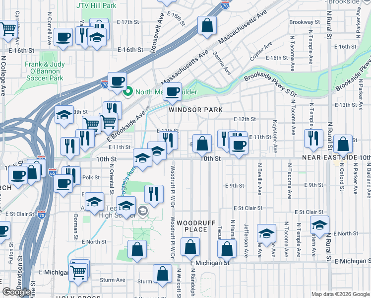 map of restaurants, bars, coffee shops, grocery stores, and more near in Indianapolis