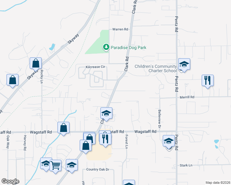 map of restaurants, bars, coffee shops, grocery stores, and more near 6800 Clark Road in Paradise