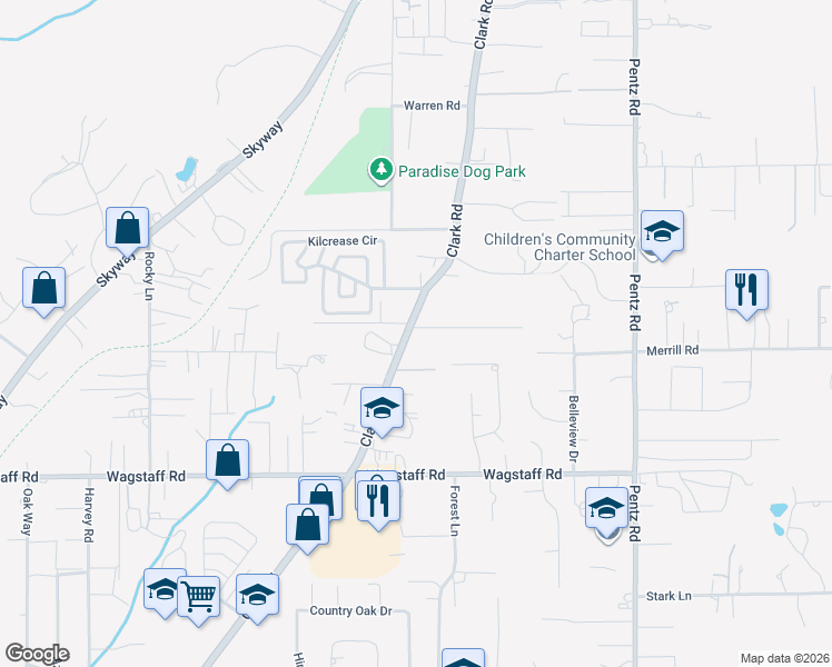 map of restaurants, bars, coffee shops, grocery stores, and more near 6788 Clark Road in Paradise