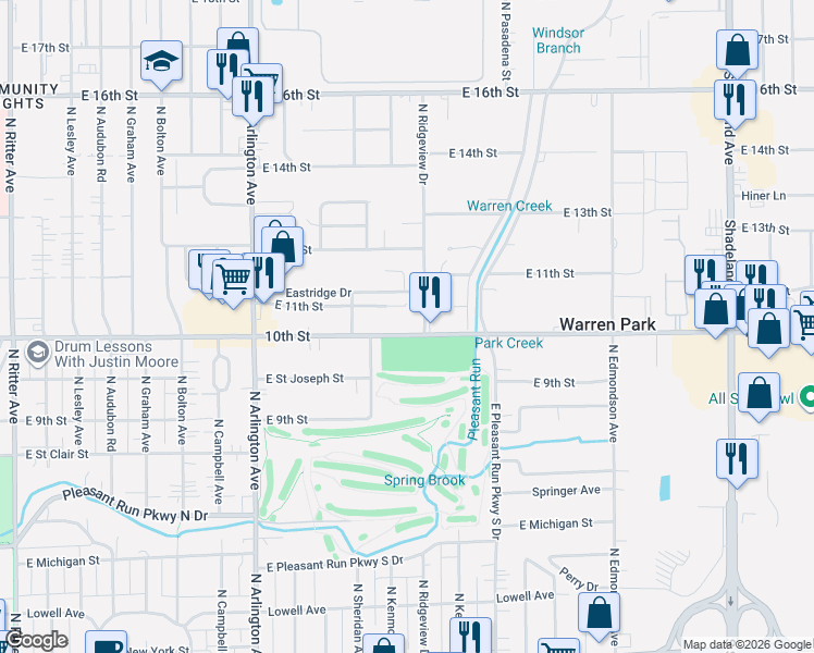 map of restaurants, bars, coffee shops, grocery stores, and more near 6250 East 10th Street in Indianapolis