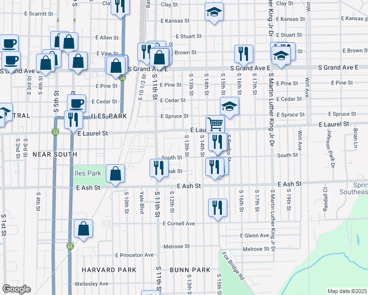 map of restaurants, bars, coffee shops, grocery stores, and more near 1835 South 13th Street in Springfield