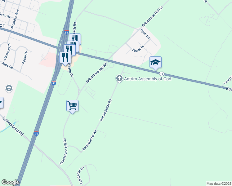 map of restaurants, bars, coffee shops, grocery stores, and more near 11286 Bemisderfer Road in Greencastle