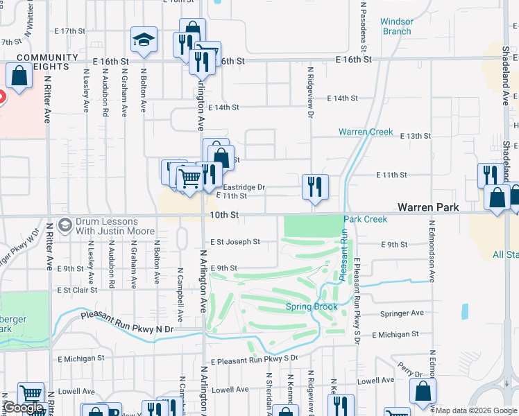 map of restaurants, bars, coffee shops, grocery stores, and more near 6115 East 10th Street in Indianapolis